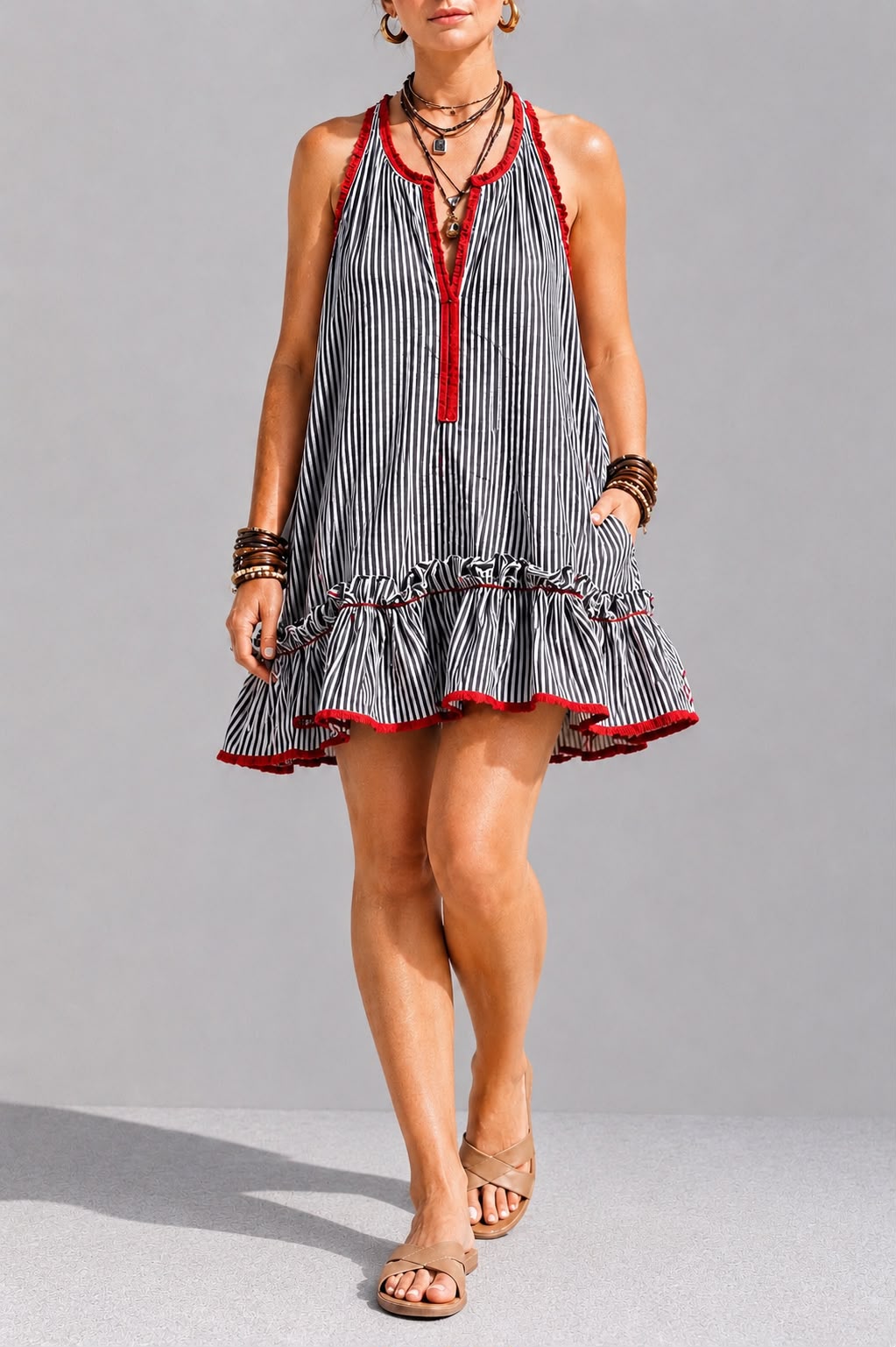 Robe Courte Bohème à Rayures et Volants