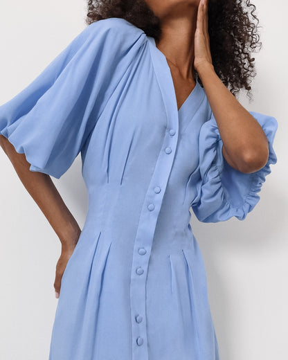 Robe Midi Élégante à Manches Bouffantes et Boutonnage Frontal