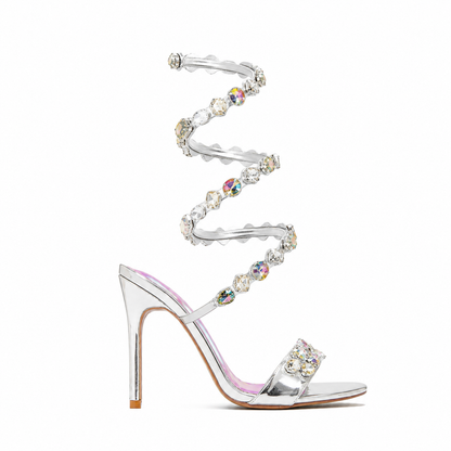 Sandales à talons ornées de cristaux et brides spiralées