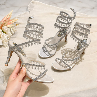 Sandales à Talons avec Bride Enroulée et Pampilles Élégantes