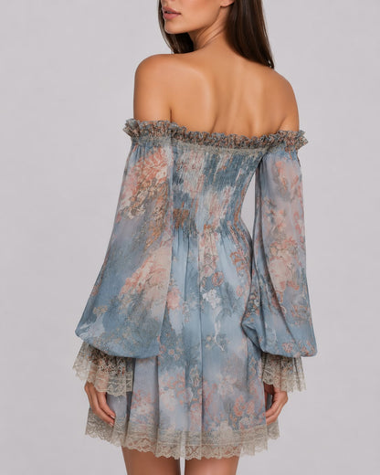 Robe Courte Smockée à Épaules Dénudées