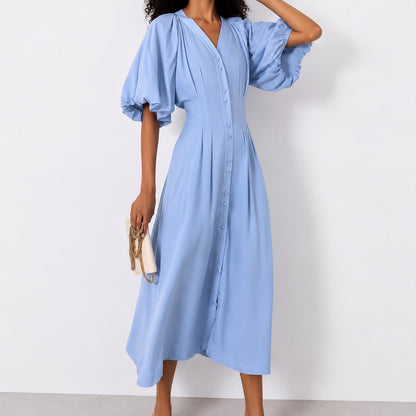 Robe Midi Élégante à Manches Bouffantes et Boutonnage Frontal