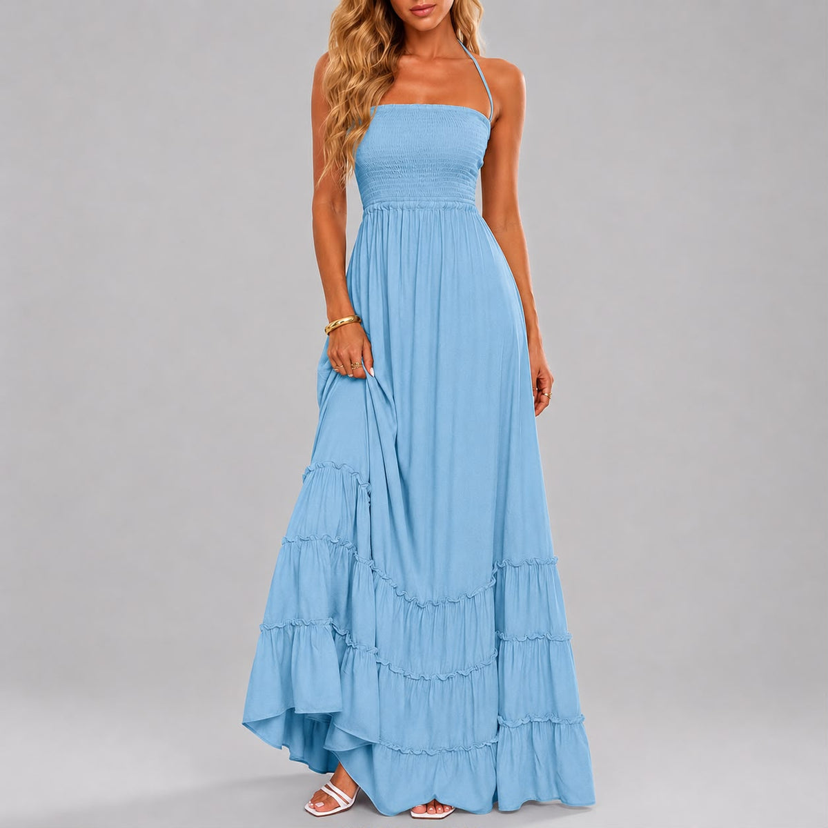 Robe Longue Fluide à Taille Smockée et Bretelles Fines
