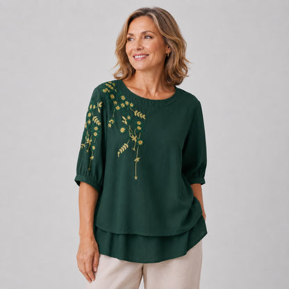 Blouse Brodée à Manches Courtes Col Rond