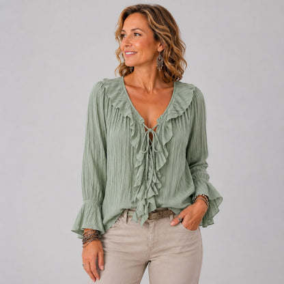Blouse à Volants avec Col V et Manches Longues Évasées