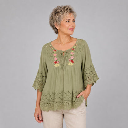Blouse Brodée en Dentelle à Col Rond