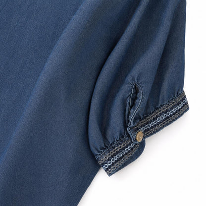 Blouse en Denim Brodé à Manches Courtes