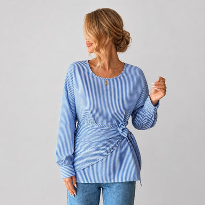 Blouse Rayée à Taille Nouée et Manches Longues