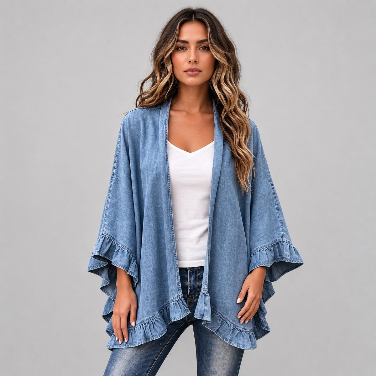 Kimono Denim à Volants – Élégance Décontractée