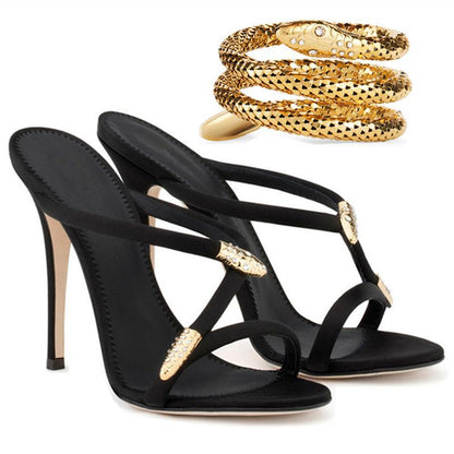 Sandales à Talons Aiguille Luxe avec Bracelet Serpent Strassé