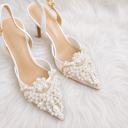 Escarpins Slingback Élégants Ornés de Perles et Strass