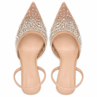 Escarpins Slingback en Tulle Ornés de Strass