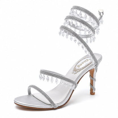 Sandales à Talons avec Bride Enroulée et Pampilles Élégantes