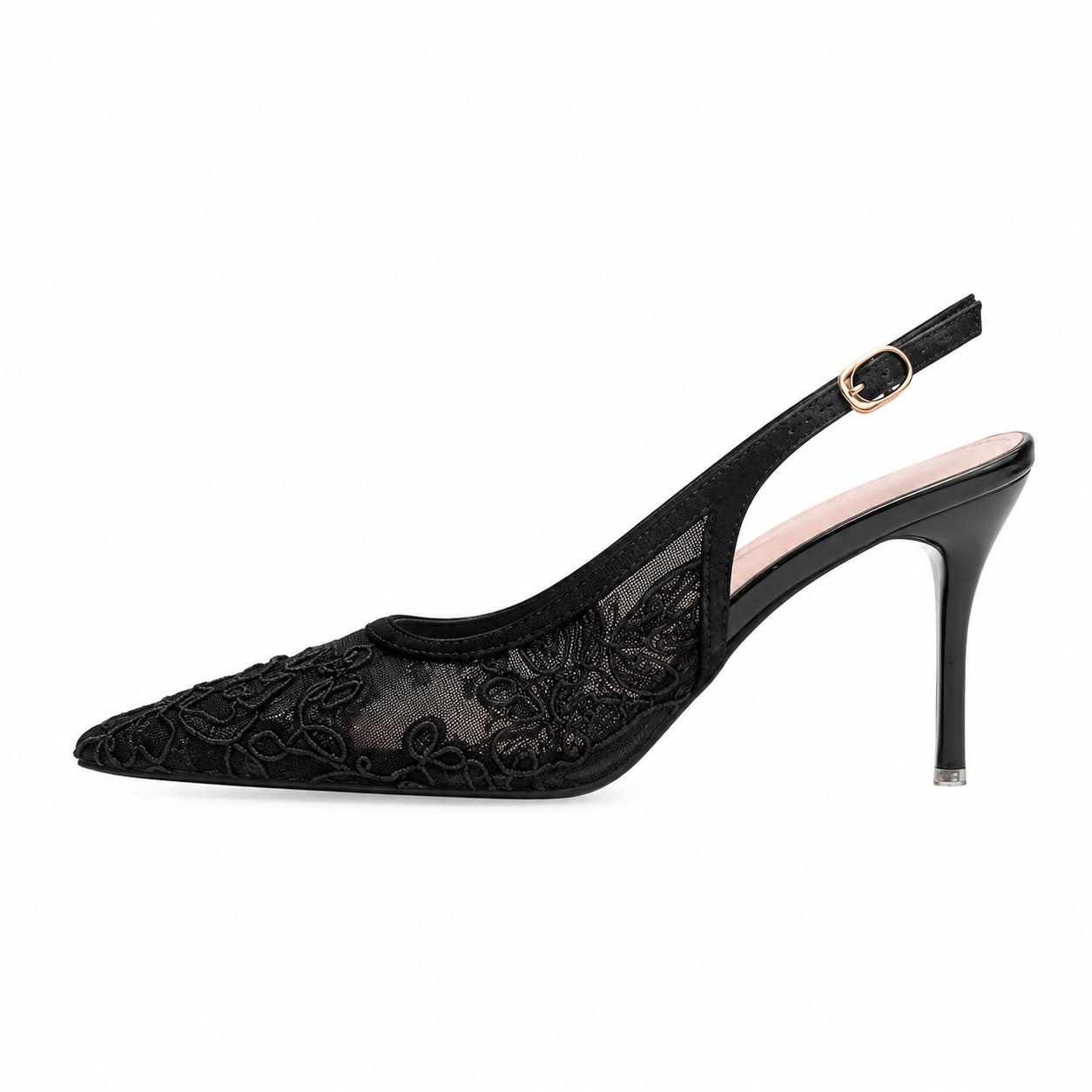 Escarpins Slingback en Dentelle Brodée à Bout Pointu