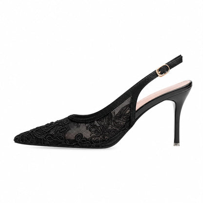 Escarpins Slingback en Dentelle Brodée à Bout Pointu