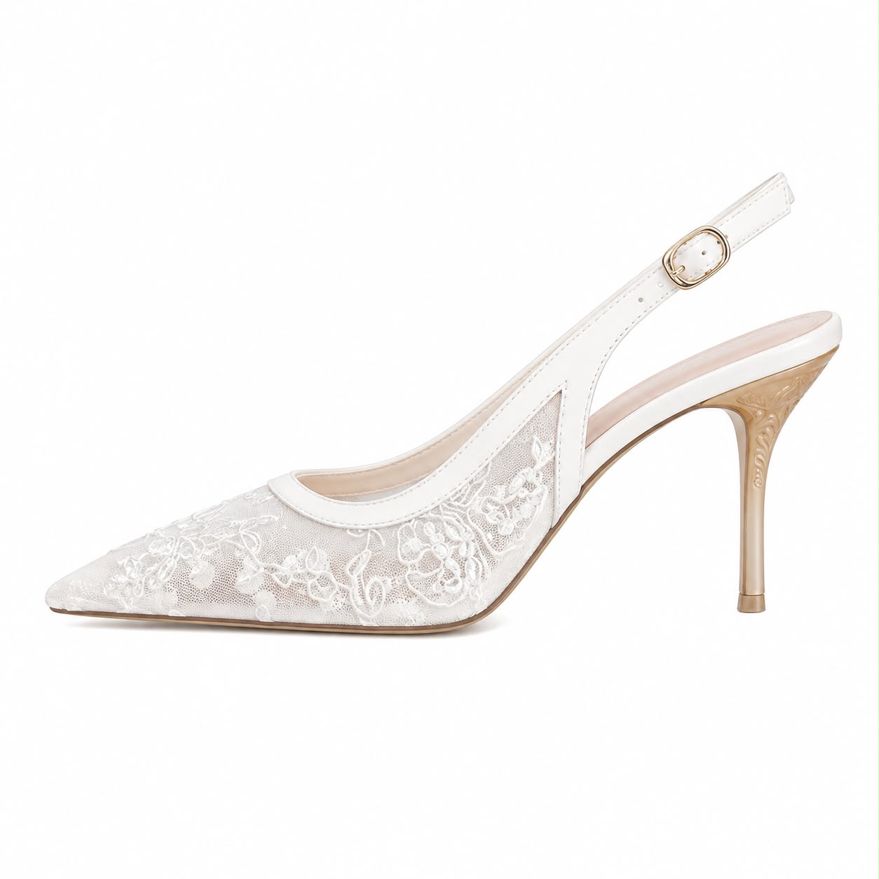 Escarpins Slingback en Dentelle Brodée à Bout Pointu