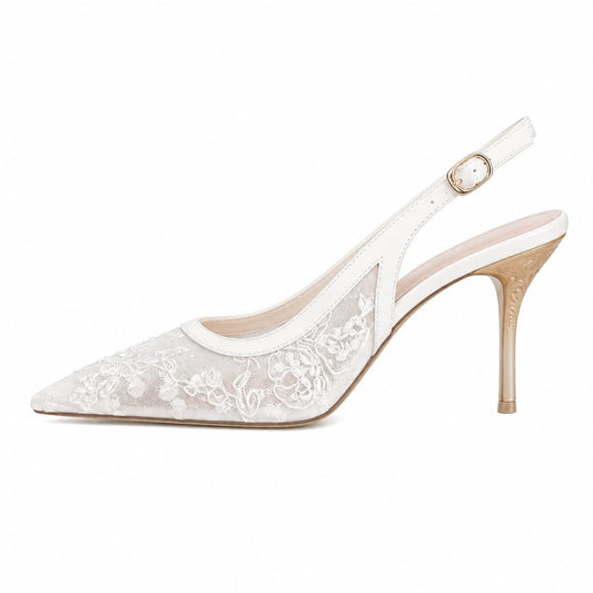 Escarpins Slingback en Dentelle Brodée à Bout Pointu