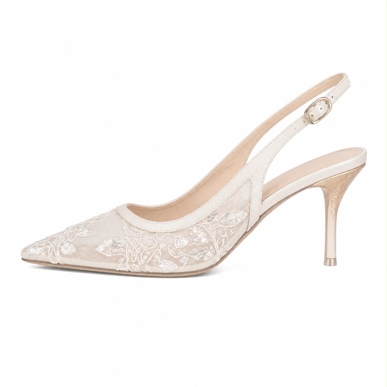 Escarpins Slingback en Dentelle Brodée à Bout Pointu
