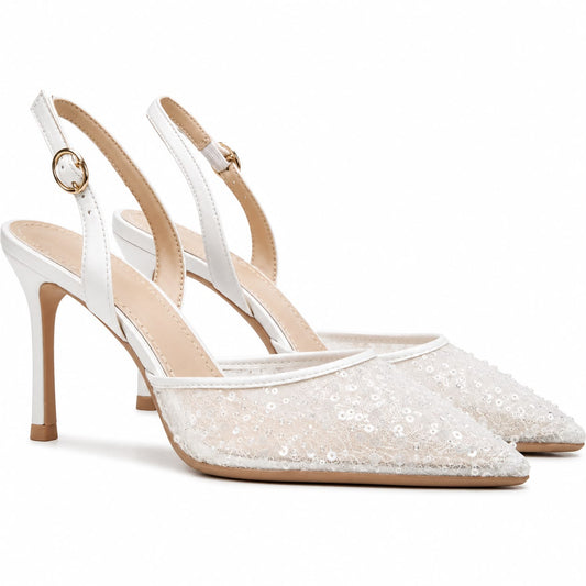Escarpins Slingback en Tulle Brodé à Bout Pointu