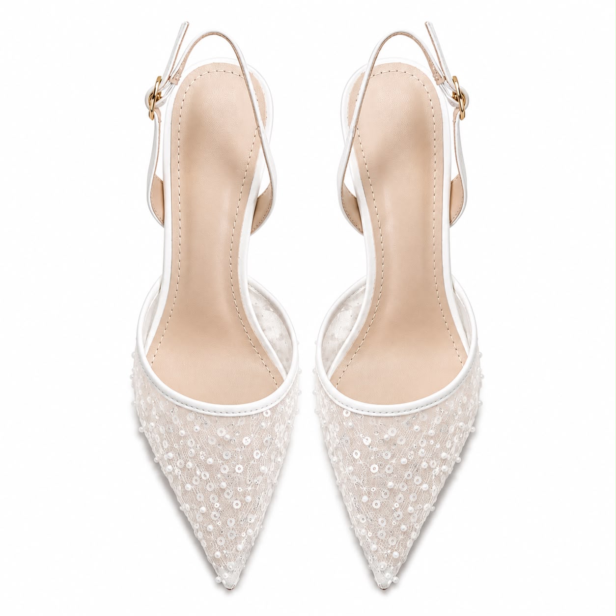 Escarpins Slingback en Tulle Brodé à Bout Pointu