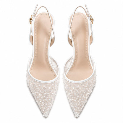 Escarpins Slingback en Tulle Brodé à Bout Pointu
