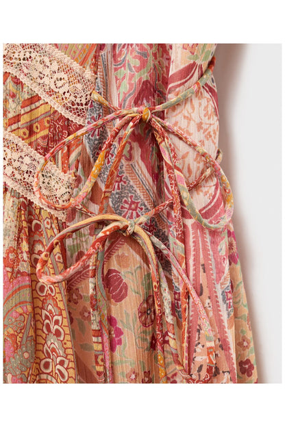 Robe Longue Bohème à Imprimé Cachemire et Décolleté Plongeant