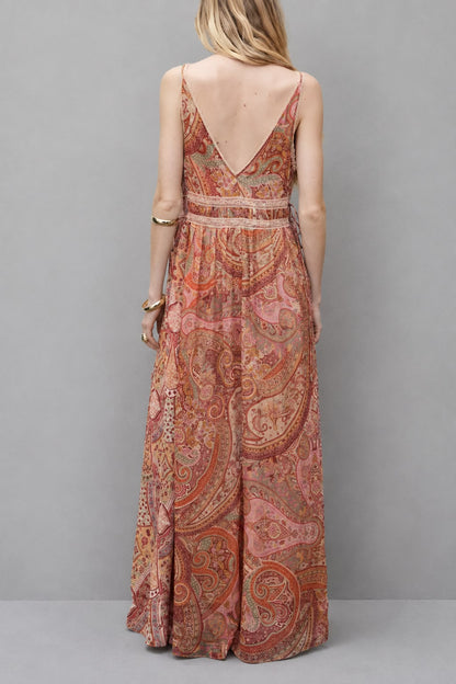 Robe Longue Bohème à Imprimé Cachemire et Décolleté Plongeant