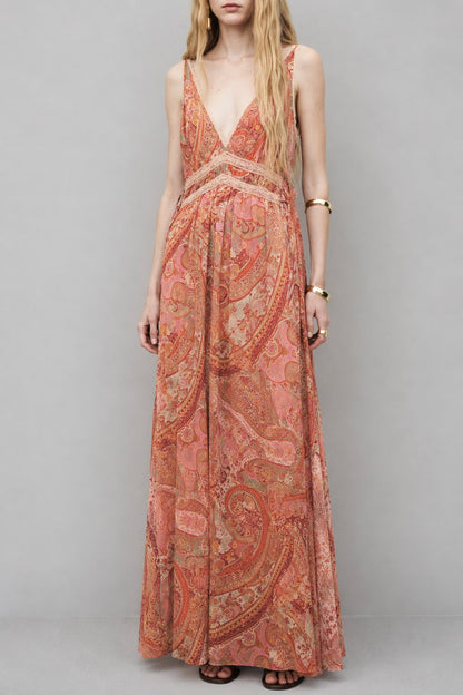 Robe Longue Bohème à Imprimé Cachemire et Décolleté Plongeant