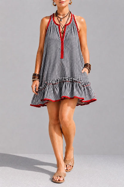 Robe Courte Bohème à Rayures et Volants