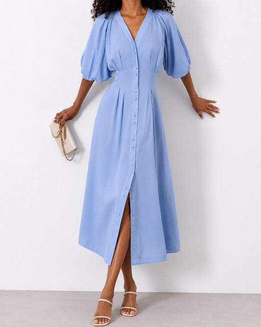 Robe Midi Élégante à Manches Bouffantes et Boutonnage Frontal