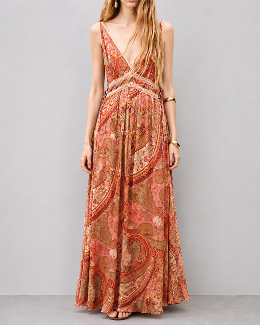 Robe Longue Bohème à Imprimé Cachemire et Décolleté Plongeant