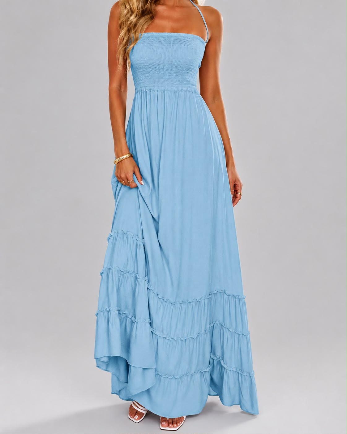 Robe Longue Fluide à Taille Smockée et Bretelles Fines