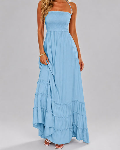 Robe Longue Fluide à Taille Smockée et Bretelles Fines