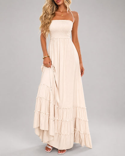 Robe Longue Fluide à Taille Smockée et Bretelles Fines