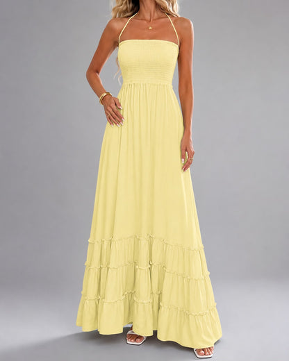 Robe Longue Fluide à Taille Smockée et Bretelles Fines
