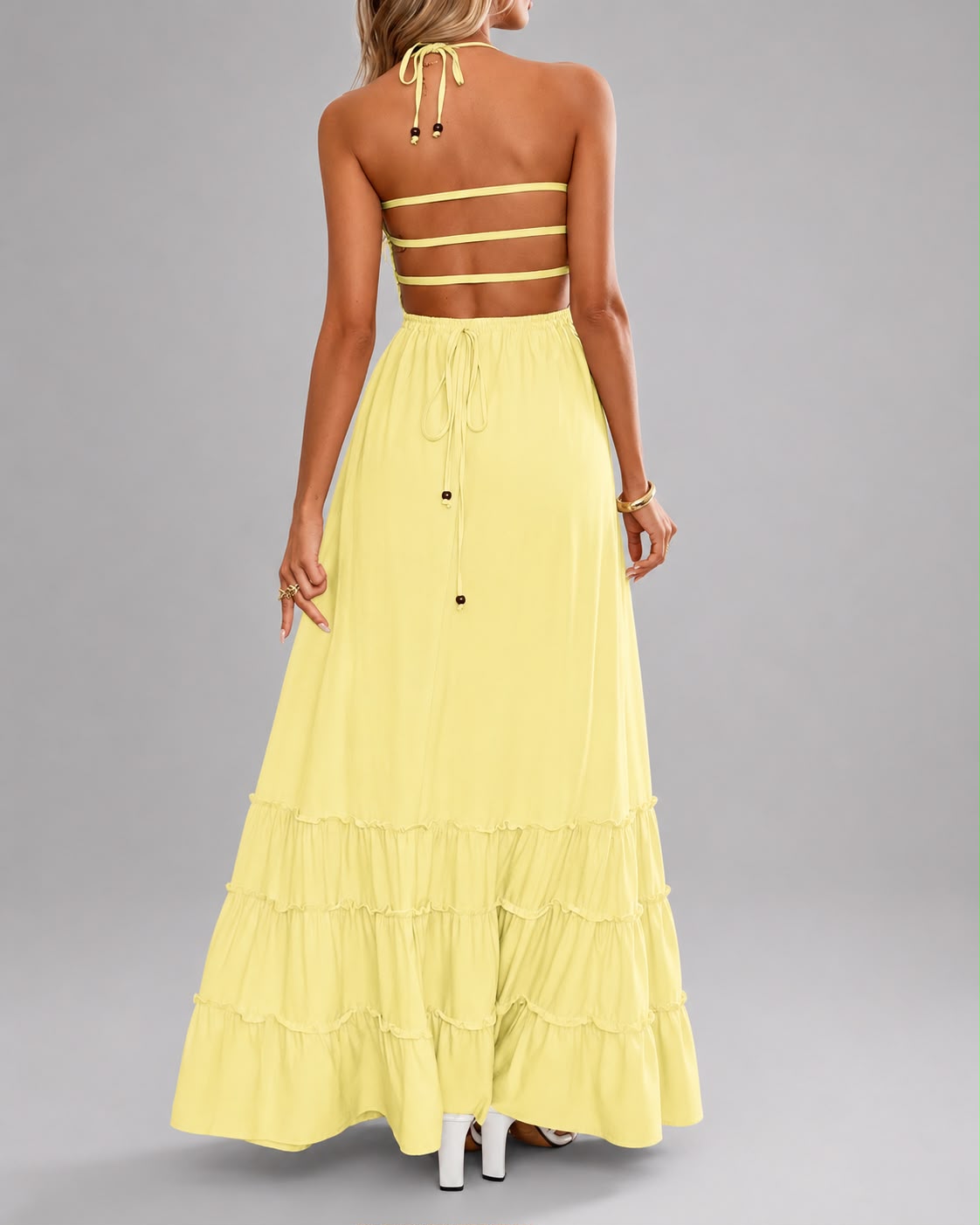 Robe Longue Fluide à Taille Smockée et Bretelles Fines