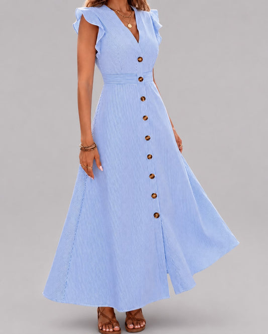 Robe Longue Élégance Boutonnée à Volants