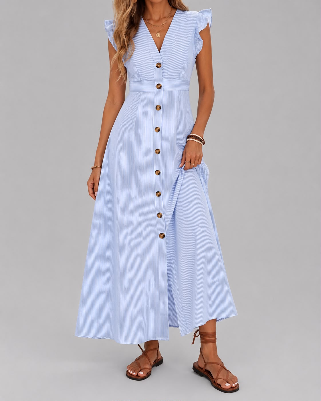 Robe Longue Élégance Boutonnée à Volants