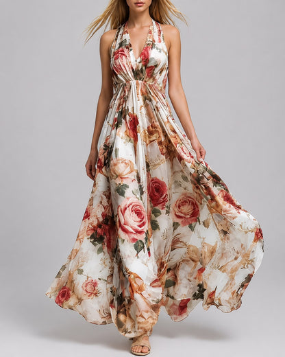 Robe Longue Fluide à Col Halter Imprimé Élégant