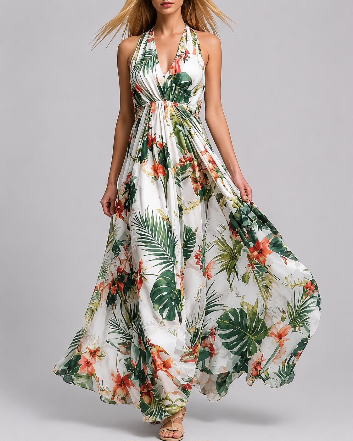 Robe Longue Fluide à Col Halter Imprimé Élégant