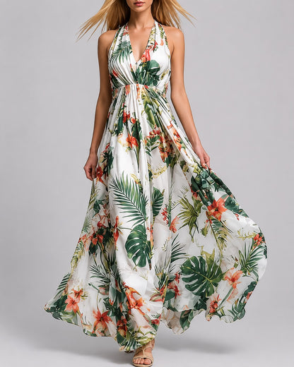 Robe Longue Fluide à Col Halter Imprimé Élégant