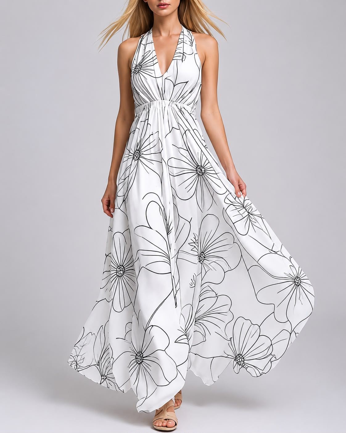 Robe Longue Fluide à Col Halter Imprimé Élégant