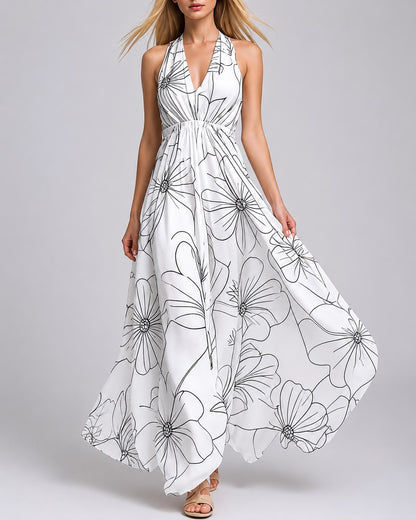 Robe Longue Fluide à Col Halter Imprimé Élégant