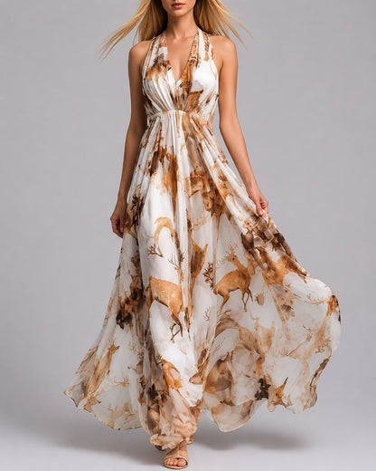 Robe Longue Fluide à Col Halter Imprimé Élégant
