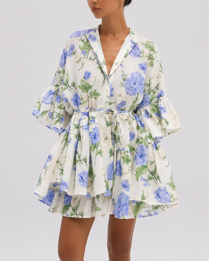 Robe Courte Fluide à Imprimé Floral avec Ceinture