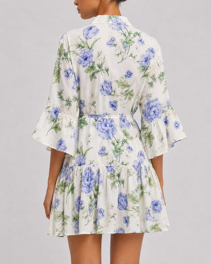 Robe Courte Fluide à Imprimé Floral avec Ceinture