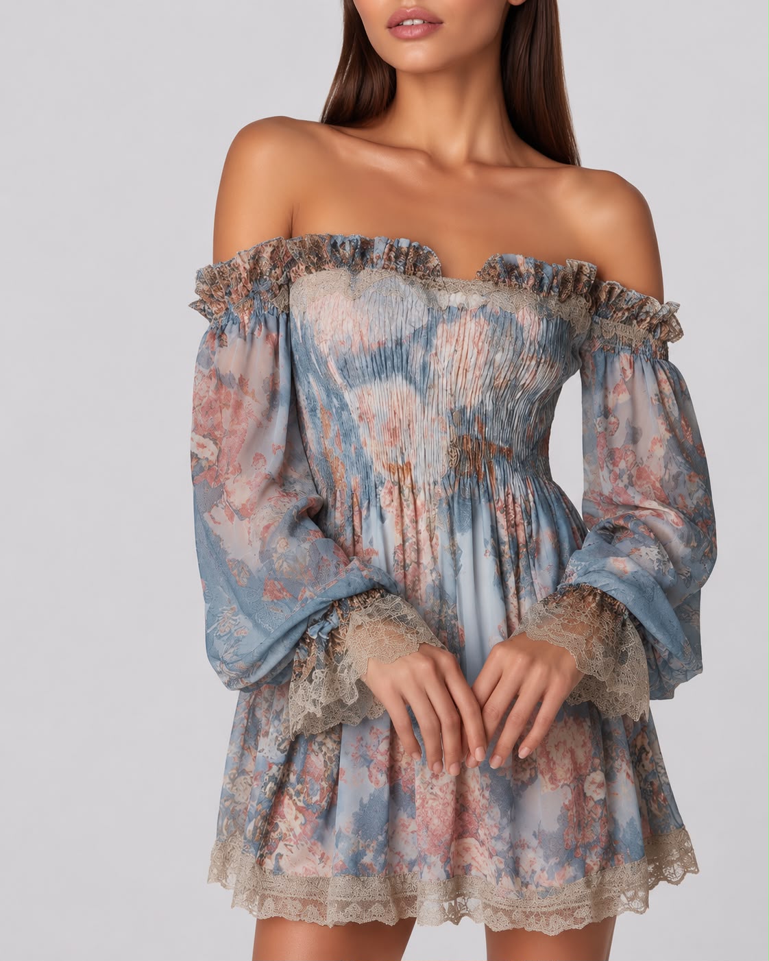 Robe Courte Smockée à Épaules Dénudées