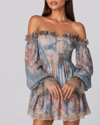 Robe Courte Smockée à Épaules Dénudées
