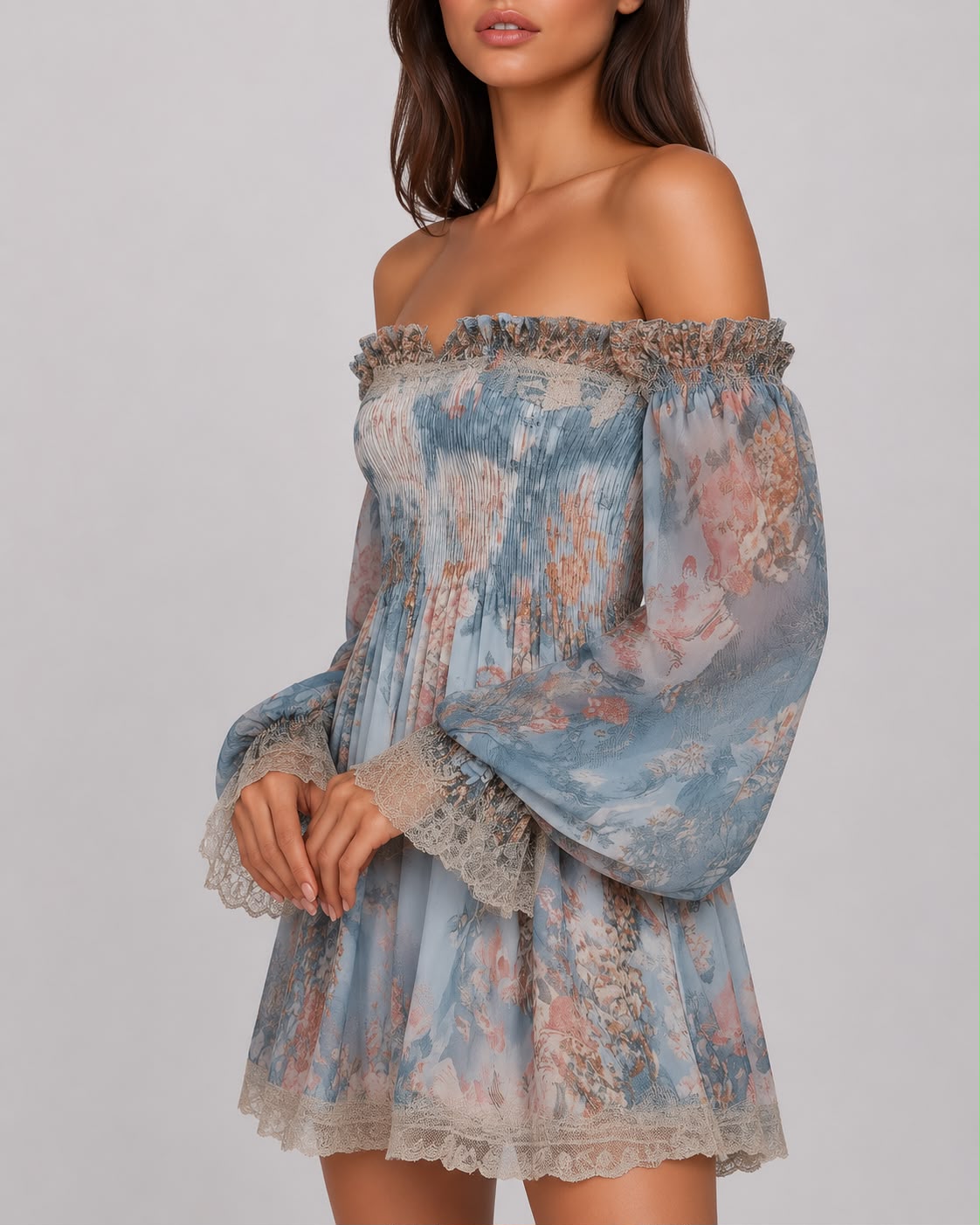 Robe Courte Smockée à Épaules Dénudées