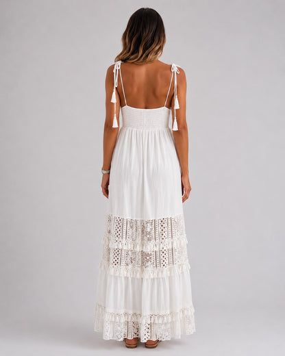 Robe Longue Bohème en Crochet et Dentelle à Bretelles Fines